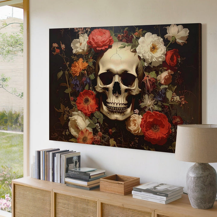 Memento Mori Floral Skull Canvas – Dark Still Life Wall Art with Symbolic Contrast - Gifitto