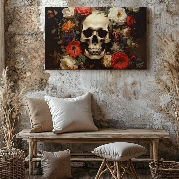 Memento Mori Floral Skull Canvas – Dark Still Life Wall Art with Symbolic Contrast - Gifitto