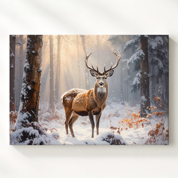 Golden Light Deer Canvas – Majestic Winter Forest Wildlife Wall Art