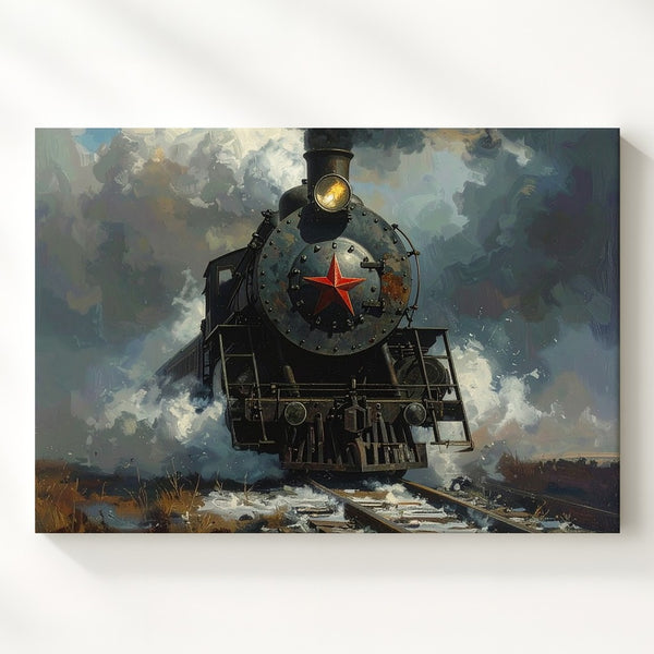 Steam & Shadows Canvas – Vintage Locomotive in Smoke and Mist Wall Art