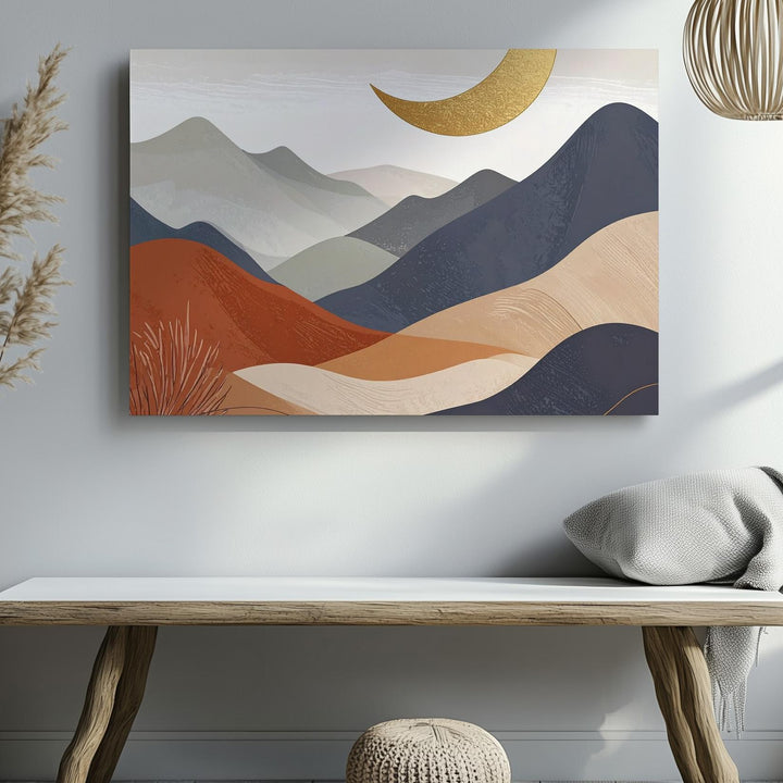Minimalist Mountain & Crescent Moon Canvas – Serene Nursery Wall Art - Gifitto