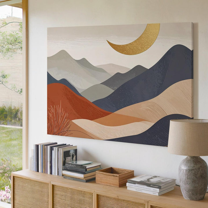 Minimalist Mountain & Crescent Moon Canvas – Serene Nursery Wall Art - Gifitto