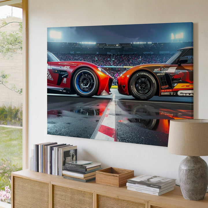 Lightning McQueen vs. Jackson Storm Canvas – Animated Racing Showdown Wall Art - Gifitto