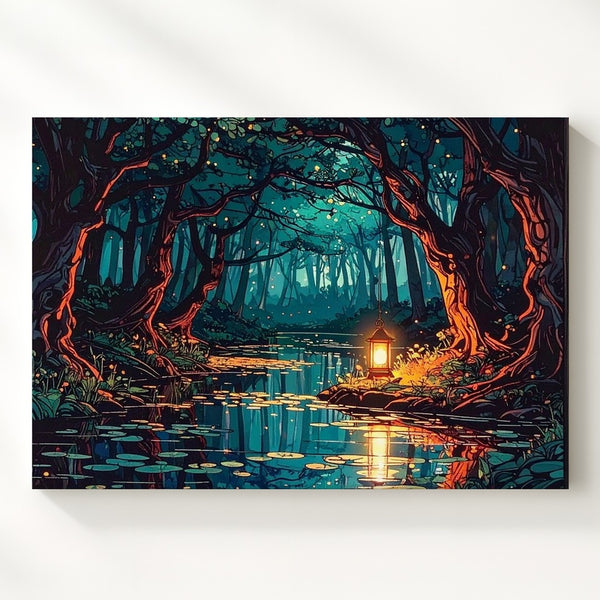 Enchanted Forest Lantern Canvas – Stylized Nighttime Fairy-Tale Wall Art - Gifitto
