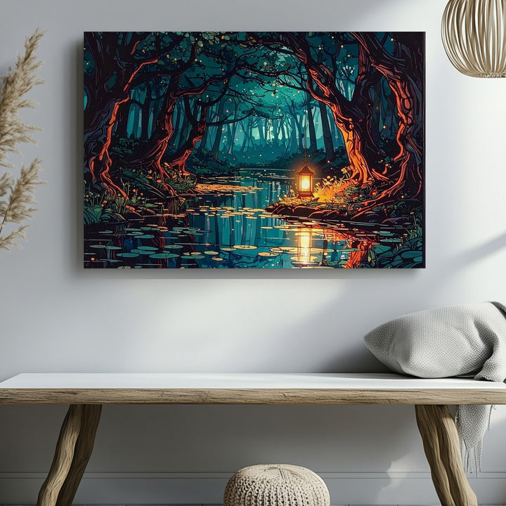 Enchanted Forest Lantern Canvas – Stylized Nighttime Fairy-Tale Wall Art - Gifitto