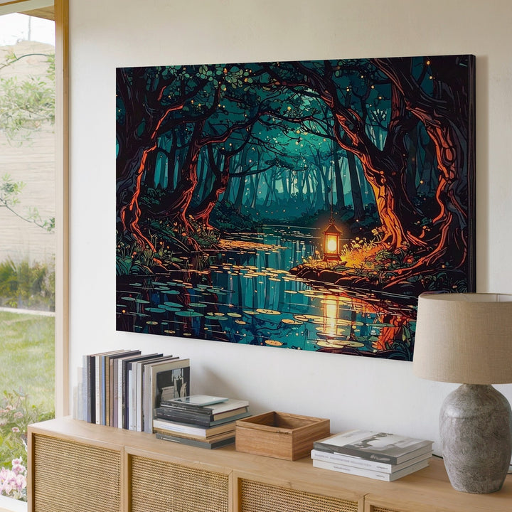 Enchanted Forest Lantern Canvas – Stylized Nighttime Fairy-Tale Wall Art - Gifitto