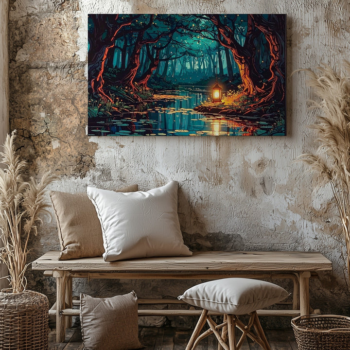 Enchanted Forest Lantern Canvas – Stylized Nighttime Fairy-Tale Wall Art - Gifitto