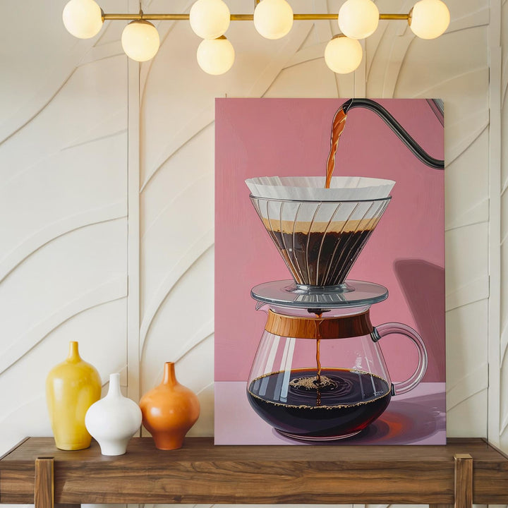 Pour-Over Coffee Brewing Canvas – Hyper-Stylized Digital Art with Glass Carafe - Gifitto