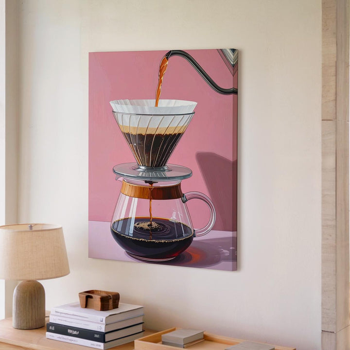 Pour-Over Coffee Brewing Canvas – Hyper-Stylized Digital Art with Glass Carafe - Gifitto