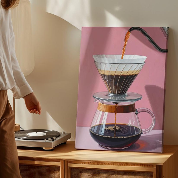 Pour-Over Coffee Brewing Canvas – Hyper-Stylized Digital Art with Glass Carafe - Gifitto