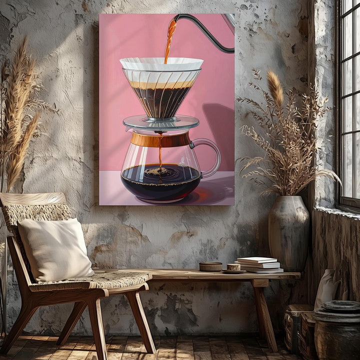 Pour-Over Coffee Brewing Canvas – Hyper-Stylized Digital Art with Glass Carafe - Gifitto