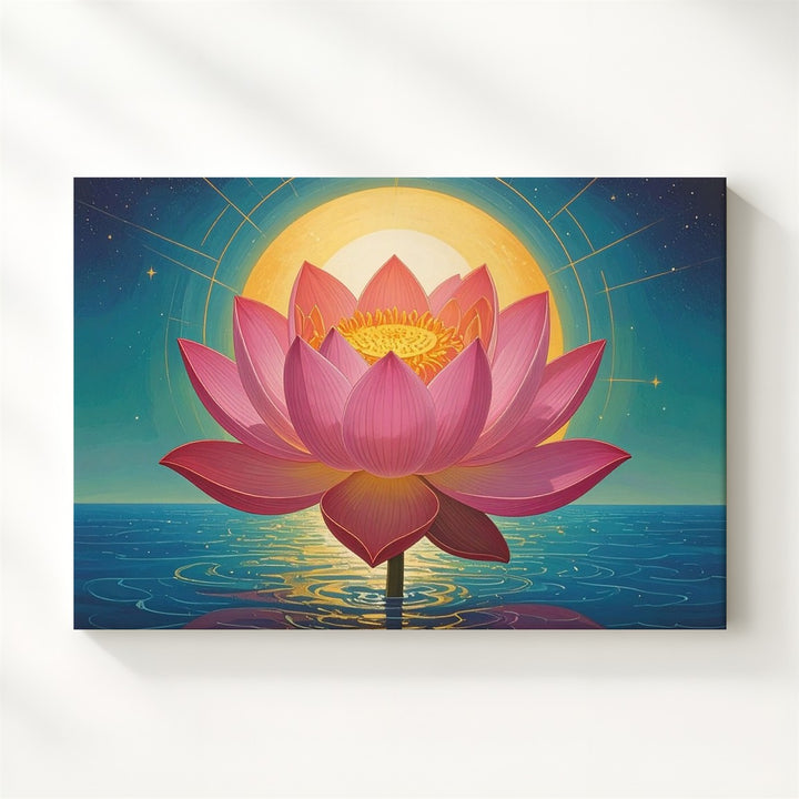 Radiant Lotus & Sun Canvas – Symbolic Spiritual Bloom with Cosmic Harmony - Gifitto