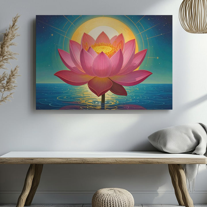 Radiant Lotus & Sun Canvas – Symbolic Spiritual Bloom with Cosmic Harmony - Gifitto