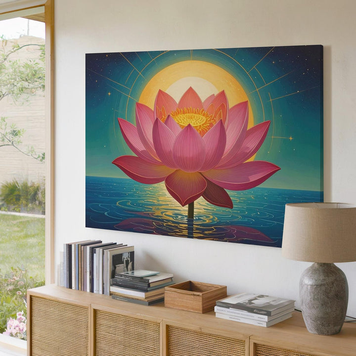 Radiant Lotus & Sun Canvas – Symbolic Spiritual Bloom with Cosmic Harmony - Gifitto