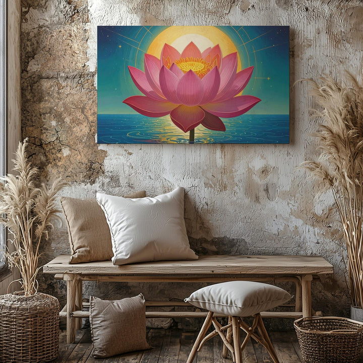 Radiant Lotus & Sun Canvas – Symbolic Spiritual Bloom with Cosmic Harmony - Gifitto