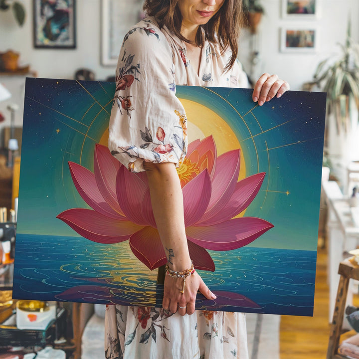Radiant Lotus & Sun Canvas – Symbolic Spiritual Bloom with Cosmic Harmony - Gifitto