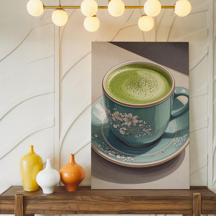 Matcha Latte Canvas – Realistic Illustration of Teal Ceramic Cup and Floral Pattern - Gifitto