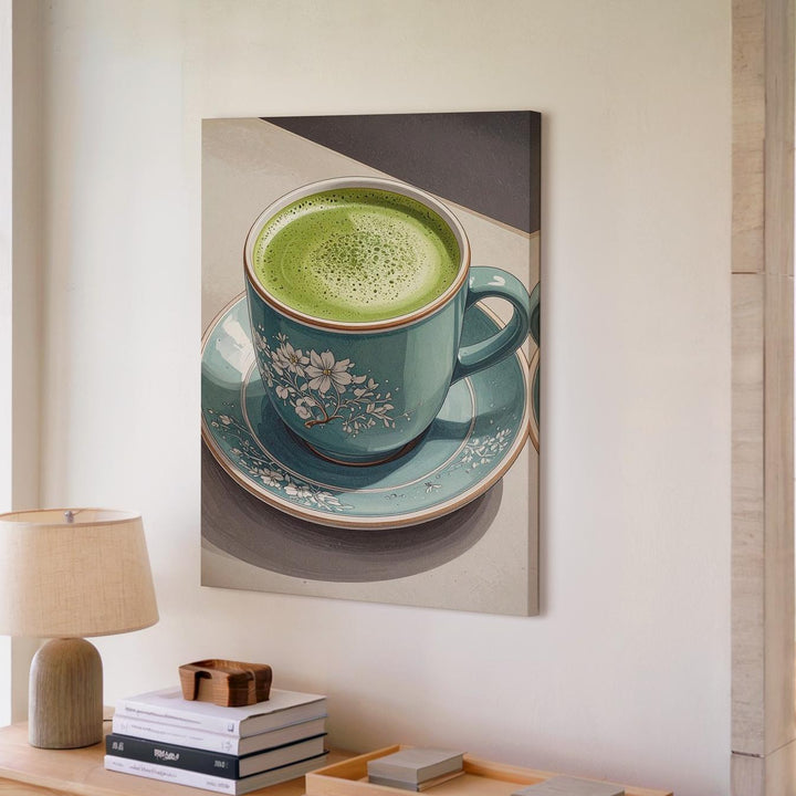 Matcha Latte Canvas – Realistic Illustration of Teal Ceramic Cup and Floral Pattern - Gifitto