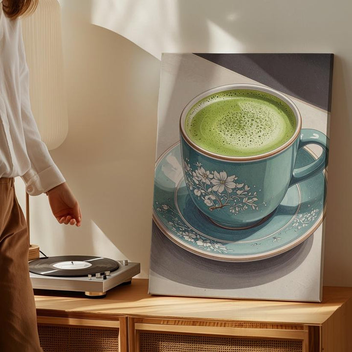 Matcha Latte Canvas – Realistic Illustration of Teal Ceramic Cup and Floral Pattern - Gifitto