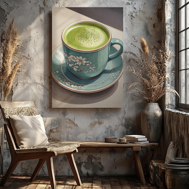 Matcha Latte Canvas – Realistic Illustration of Teal Ceramic Cup and Floral Pattern - Gifitto