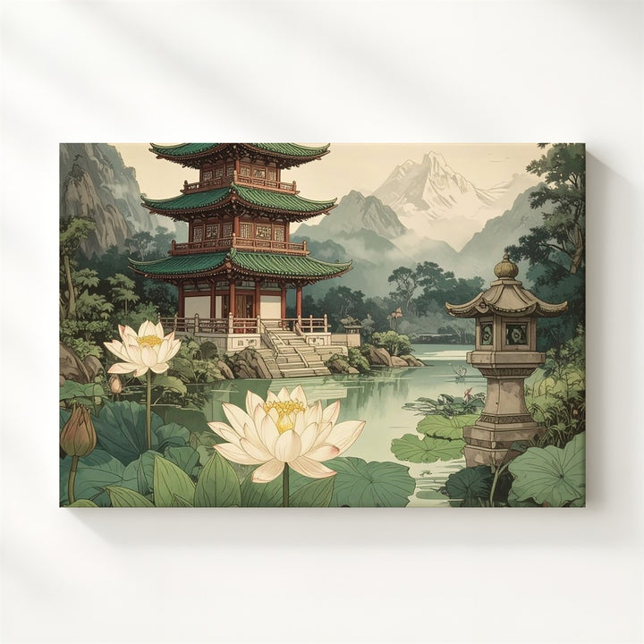 Lotus Pond & Pagoda Canvas – Traditional East Asian Watercolor of Harmony & Mist - Gifitto