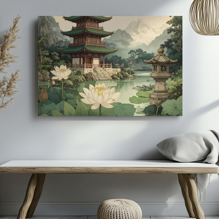 Lotus Pond & Pagoda Canvas – Traditional East Asian Watercolor of Harmony & Mist - Gifitto