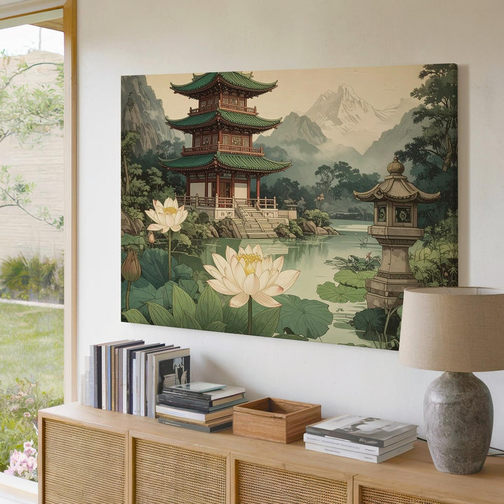 Lotus Pond & Pagoda Canvas – Traditional East Asian Watercolor of Harmony & Mist - Gifitto
