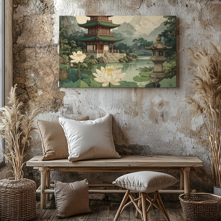 Lotus Pond & Pagoda Canvas – Traditional East Asian Watercolor of Harmony & Mist - Gifitto