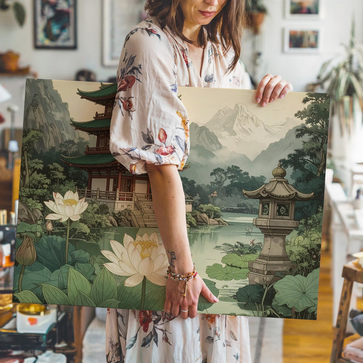 Lotus Pond & Pagoda Canvas – Traditional East Asian Watercolor of Harmony & Mist - Gifitto