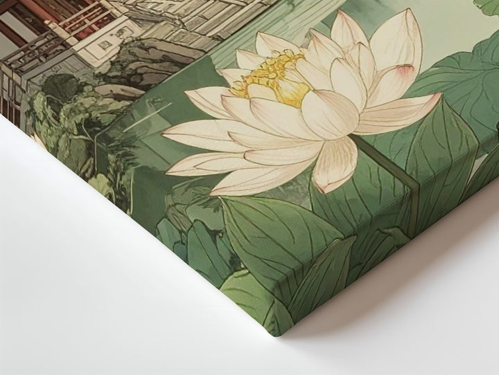 Lotus Pond & Pagoda Canvas – Traditional East Asian Watercolor of Harmony & Mist - Gifitto