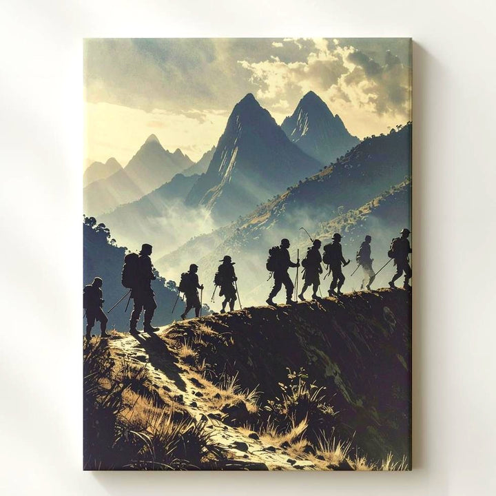 Epic Hiker Silhouette Canvas – Trekking Across Mountain Ridge at Sunrise/Sunset - Gifitto