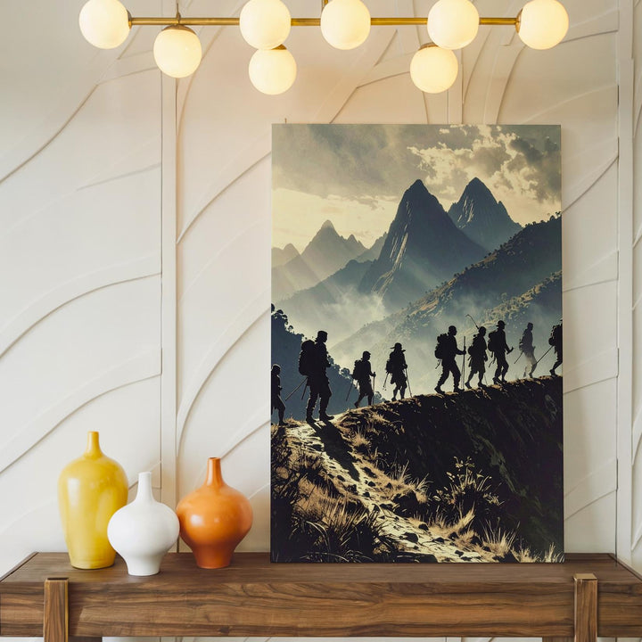 Epic Hiker Silhouette Canvas – Trekking Across Mountain Ridge at Sunrise/Sunset - Gifitto