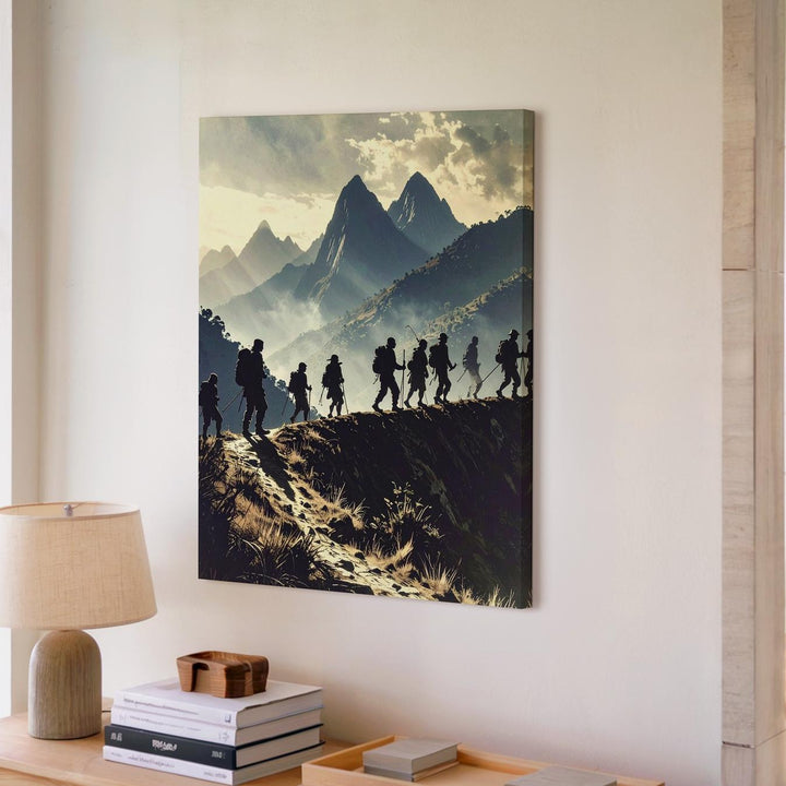 Epic Hiker Silhouette Canvas – Trekking Across Mountain Ridge at Sunrise/Sunset - Gifitto