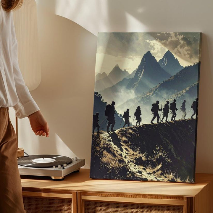 Epic Hiker Silhouette Canvas – Trekking Across Mountain Ridge at Sunrise/Sunset - Gifitto