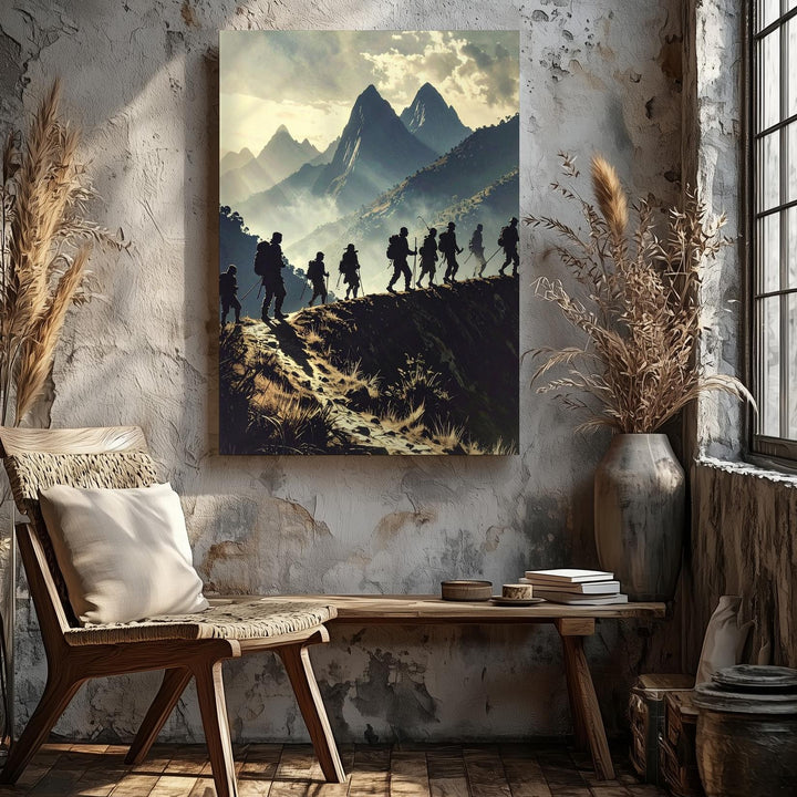 Epic Hiker Silhouette Canvas – Trekking Across Mountain Ridge at Sunrise/Sunset - Gifitto