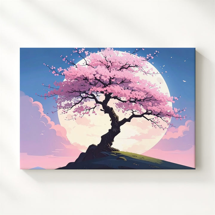 Moonlit Sakura Tree Canvas – Dreamy Cherry Blossom Art of Stillness & Renewal - Gifitto