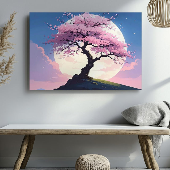 Moonlit Sakura Tree Canvas – Dreamy Cherry Blossom Art of Stillness & Renewal - Gifitto
