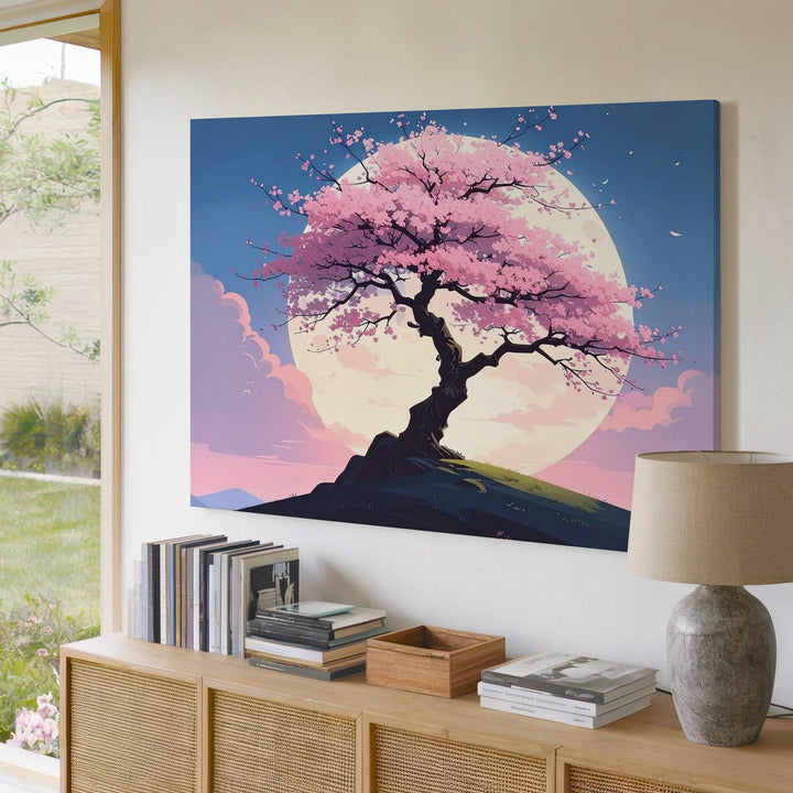 Moonlit Sakura Tree Canvas – Dreamy Cherry Blossom Art of Stillness & Renewal - Gifitto
