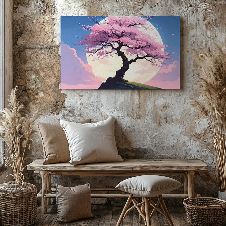 Moonlit Sakura Tree Canvas – Dreamy Cherry Blossom Art of Stillness & Renewal - Gifitto