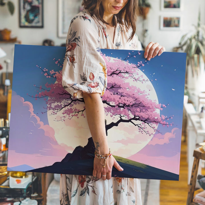 Moonlit Sakura Tree Canvas – Dreamy Cherry Blossom Art of Stillness & Renewal - Gifitto
