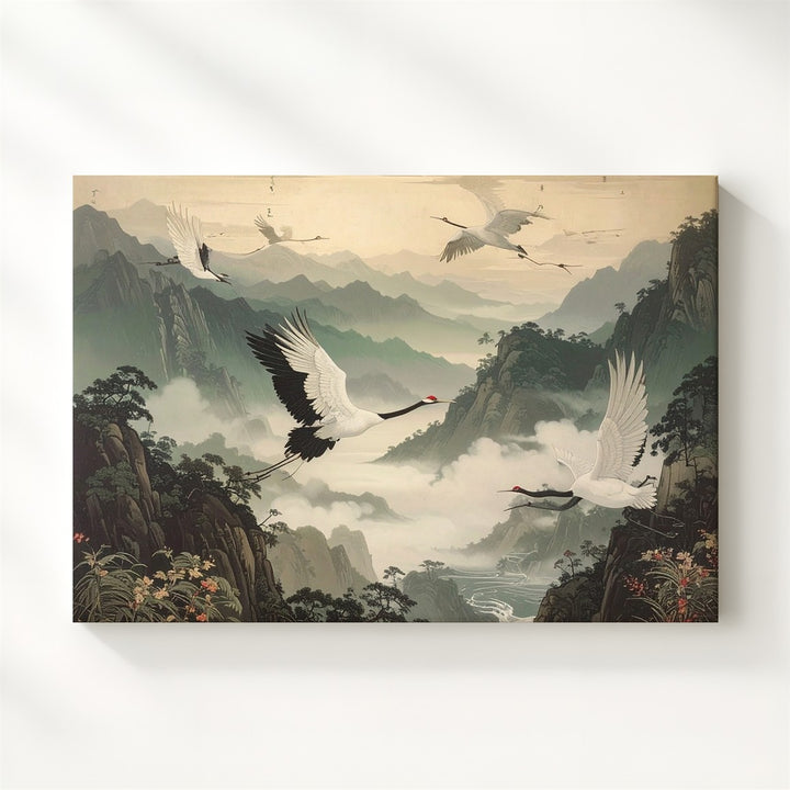 Cranes in Mist Canvas – Elegant East Asian Flight Over Foggy Mountains - Gifitto