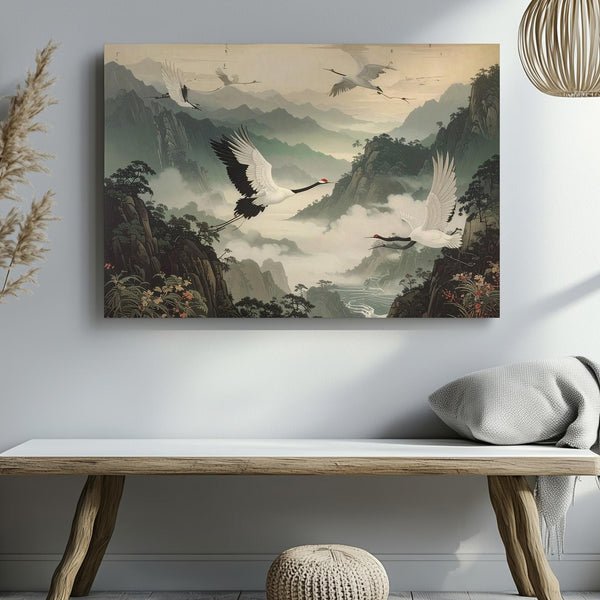 Cranes in Mist Canvas – Elegant East Asian Flight Over Foggy Mountains - Gifitto