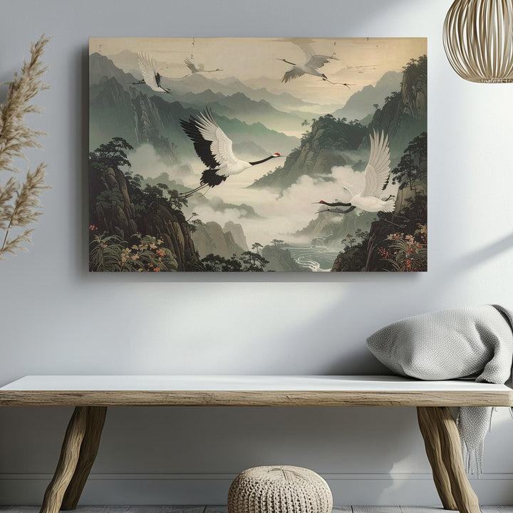 Cranes in Mist Canvas – Elegant East Asian Flight Over Foggy Mountains - Gifitto