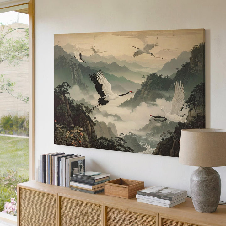 Cranes in Mist Canvas – Elegant East Asian Flight Over Foggy Mountains - Gifitto