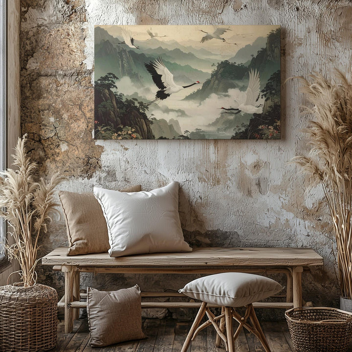Cranes in Mist Canvas – Elegant East Asian Flight Over Foggy Mountains - Gifitto