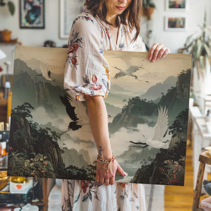 Cranes in Mist Canvas – Elegant East Asian Flight Over Foggy Mountains - Gifitto