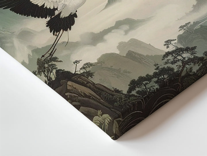 Cranes in Mist Canvas – Elegant East Asian Flight Over Foggy Mountains - Gifitto