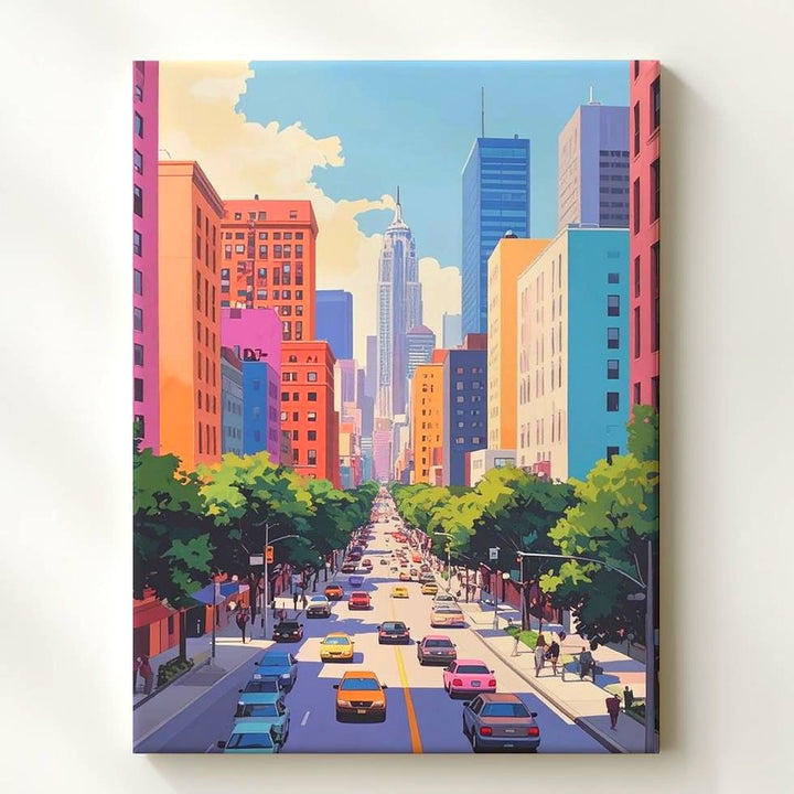Vibrant Cityscape Canvas – Whimsical Urban Avenue with High-Rises and Trees - Gifitto
