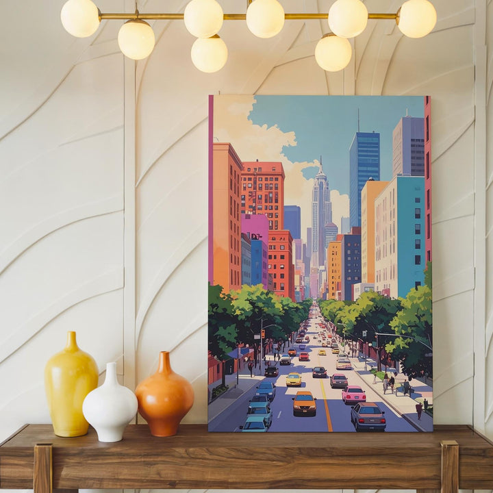 Vibrant Cityscape Canvas – Whimsical Urban Avenue with High-Rises and Trees - Gifitto