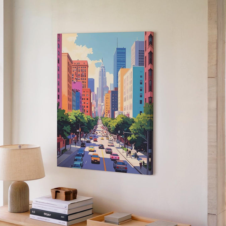 Vibrant Cityscape Canvas – Whimsical Urban Avenue with High-Rises and Trees - Gifitto